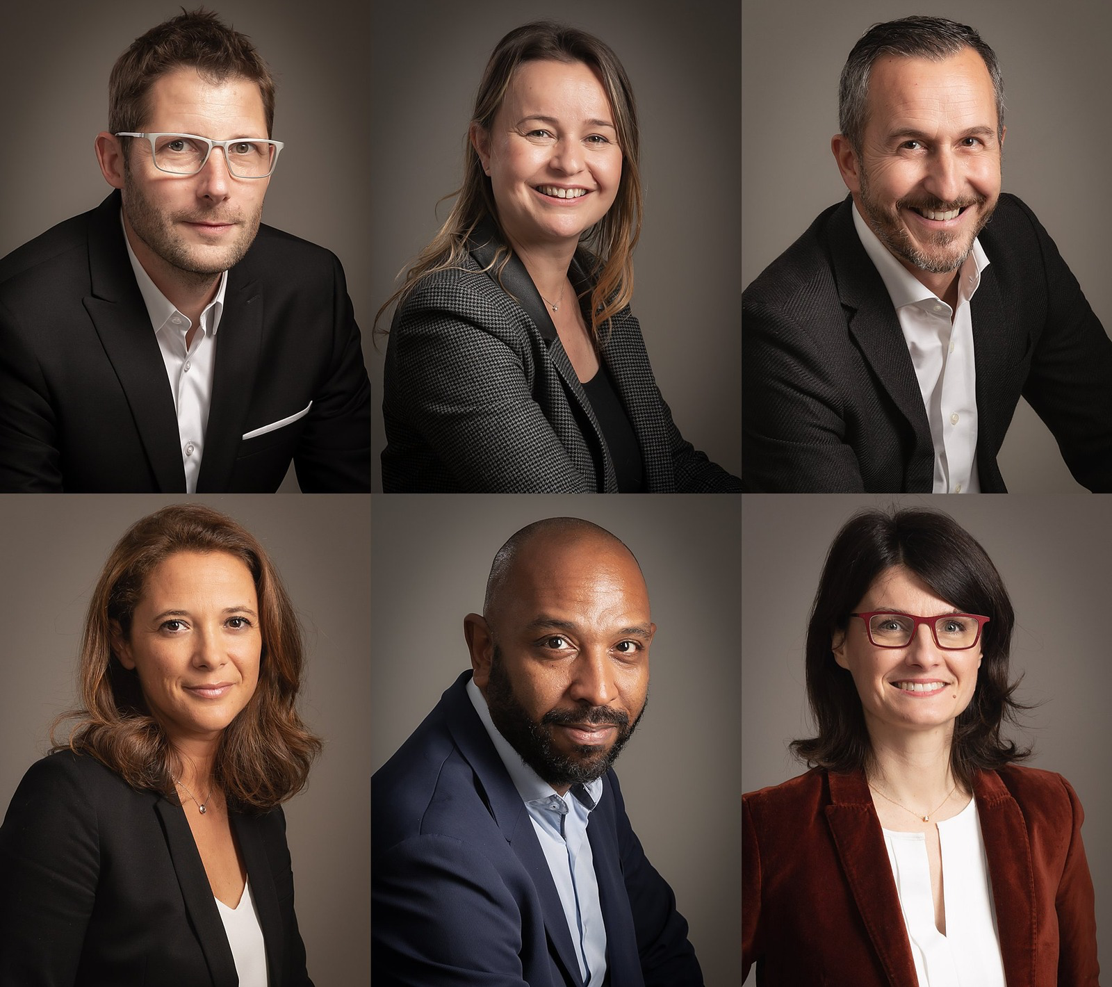Trombinoscope d'équipe : six portraits studio homogènes sur fond sombre, réalisés à Lyon